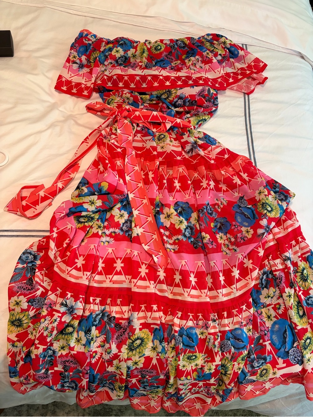 VICI - Vibrant Floral Off-Shoulder Maxi Dress in Pink & Red